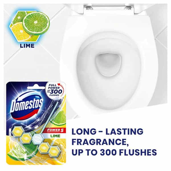Domestos Power 5 Toilet Rim Block Lime Limescale Removal With Long Lasting Fragrance 55G