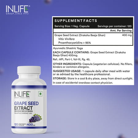 Inlife Grape Seed Extract (Proanthocyanidins > 95%) Antioxidant, 400 Mg - 120 Vegetarian Capsules