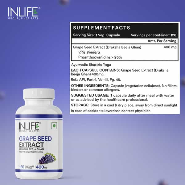 Inlife Grape Seed Extract (Proanthocyanidins > 95%) Antioxidant | 400 Mg - 120 Vegetarian Capsules