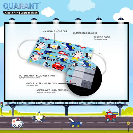 Quarant Kids 3 Ply Designer Surgical Face Mask For Boys & Girls Aged 5 To 12 Years - Pack Of 30
