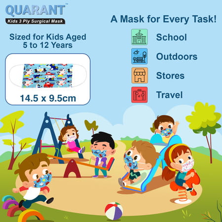 Quarant Kids 3 Ply Designer Surgical Face Mask For Boys & Girls Aged 5 To 12 Years - Pack Of 30