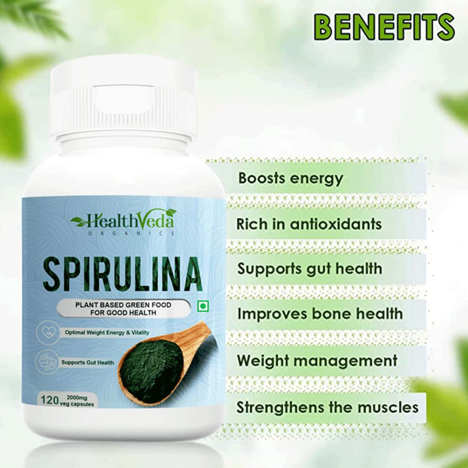 Buy HEALTH VEDA ORGANICS SPIRULINA CAPSULES FOR GOOD HEALTH, 120 VEG