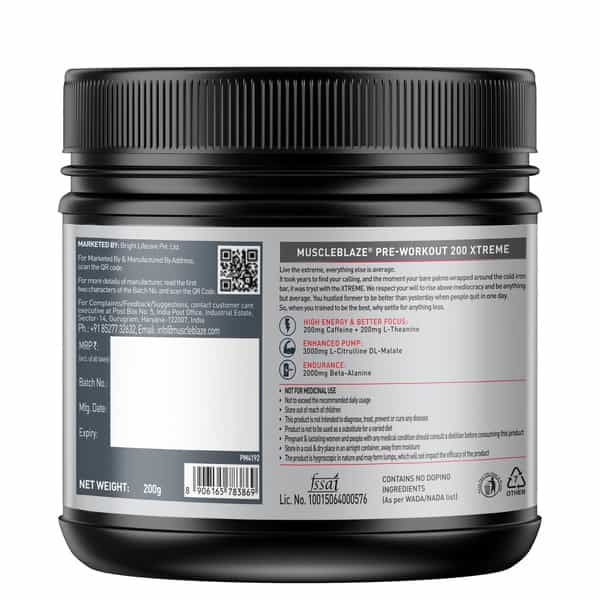 Muscleblaze Pre Workout 200 Xtreme | 3000Mg Citrulline Berry Bolt | 200 Gm