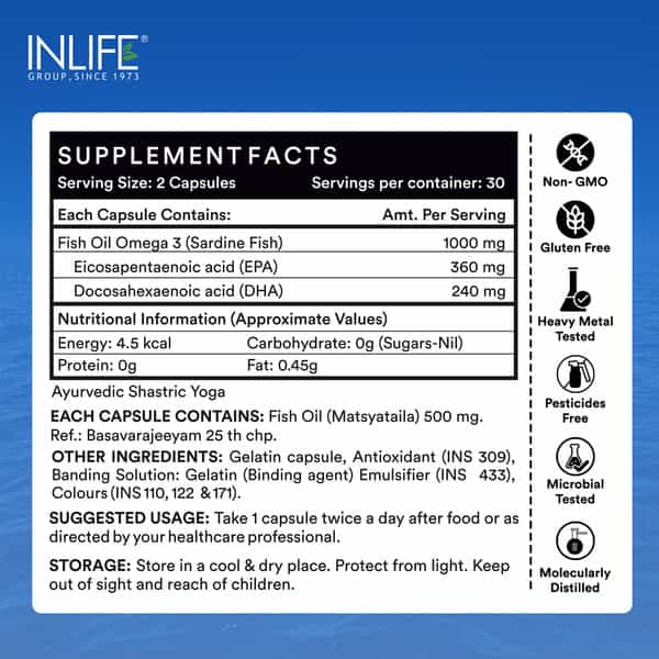 Inlife Fish Oil Double Strength Omega3 Epa 360Mg Dha 240Mg Men Women 1000Mg-60Liquid Filled Capsule