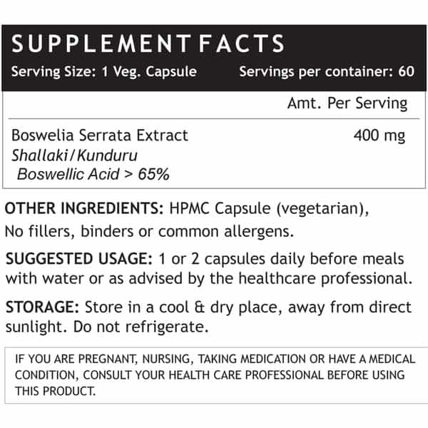 Inlife Boswellia Serrata Extract (Boswellic Acids > 65%) Joint Supplement 400 Mg - 60 Veg Capsules