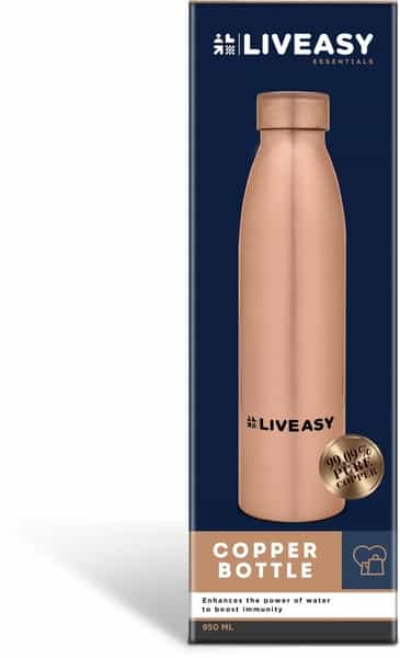 Liveasy Essentials Copper Bottle - Ayurvedic Health Benefits - Leak Proof Cap - 950Ml