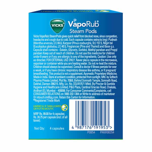 Vicks Vaporub Strip Of 4 Steam Pod Capsules
