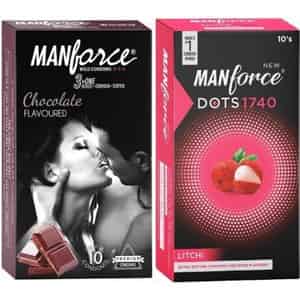 Manforce Chocolate Flavor Condom & Extra Dotted Litchi Flavoured Condoms (set Of 2 20 Pcs)
