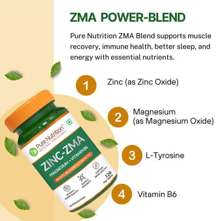 Pure Nutrition Zinc Zma 800mg | Zinc Magnesium Aspartate + Vitamin B6 | Men & Women 120 Veg Tablets
