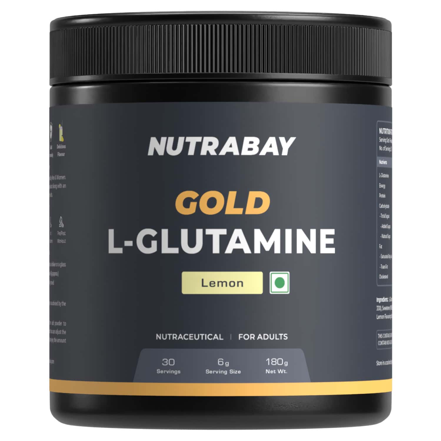 Nutrabay Gold L-glutamine Supplement Powder - 180g | Lemon Flavor | Post Workout Amino Acid