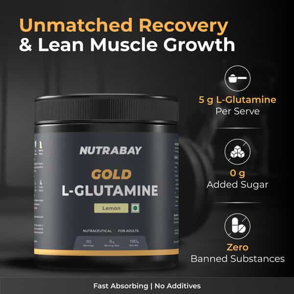 Nutrabay Gold L-Glutamine Supplement Powder - 180G | Lemon Flavor | Post Workout Amino Acid