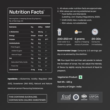Nutrabay Gold L-Glutamine Supplement Powder - 180G | Lemon Flavor | Post Workout Amino Acid