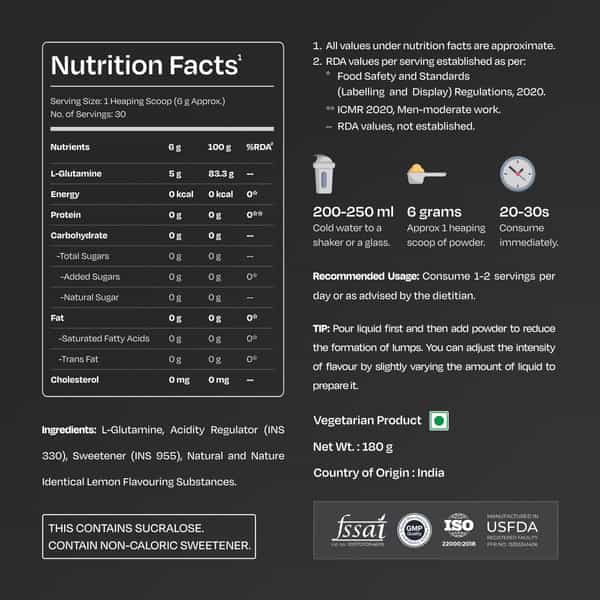 Nutrabay Gold L-Glutamine Supplement Powder - 180G | Lemon Flavor | Post Workout Amino Acid