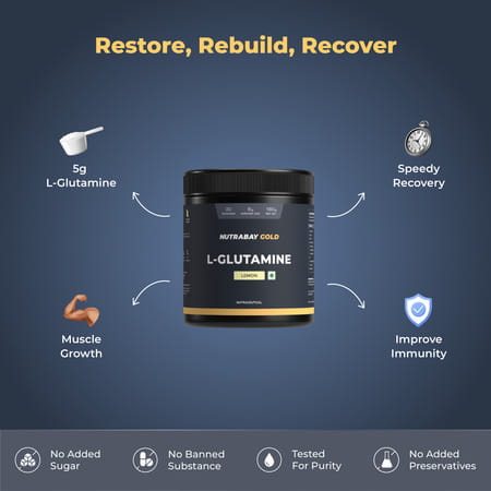Nutrabay Gold L-Glutamine Supplement Powder - 180g | Lemon Flavor | Post Workout Amino Acid