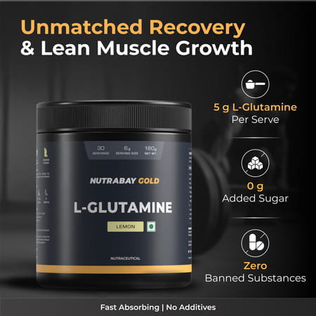 Nutrabay Gold L-Glutamine Supplement Powder - 180g | Lemon Flavor | Post Workout Amino Acid