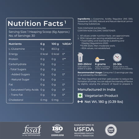 Nutrabay Gold L-Glutamine Supplement Powder - 180g | Lemon Flavor | Post Workout Amino Acid
