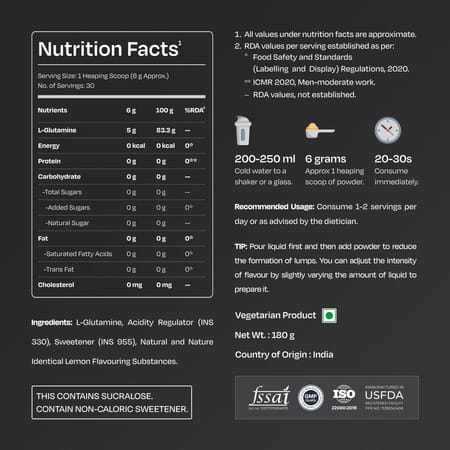 Nutrabay Gold L-Glutamine Supplement Powder - 180g | Lemon Flavor | Post Workout Amino Acid