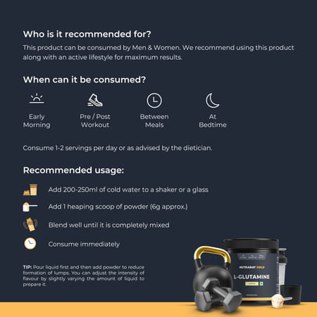 Nutrabay Gold L-Glutamine Supplement Powder - 180g | Lemon Flavor | Post Workout Amino Acid