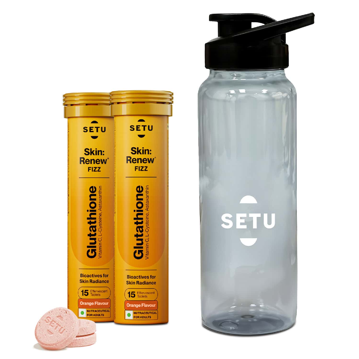 Setu Skin Renew Glutathione Tablets (30 Effervescent Tablets | Orange) With Sipper (750ml) | Combo