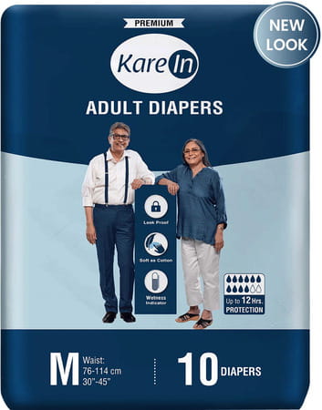 Kare In Premium Adult Diapers Medium Waist 76-114 Cm (30"-45") Tape Style Wetness Indicator 10 Count