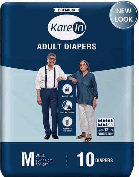 Kare In Premium Adult Diapers Medium Waist 76-114 Cm (30"-45") Tape Style Wetness Indicator 10 Count
