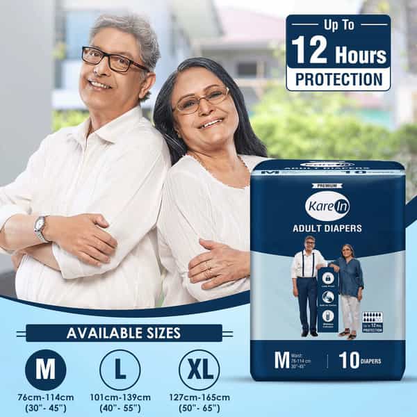 Kare In Premium Adult Diapers Medium Waist 76-114 Cm (30"-45") Tape Style Wetness Indicator 10 Count