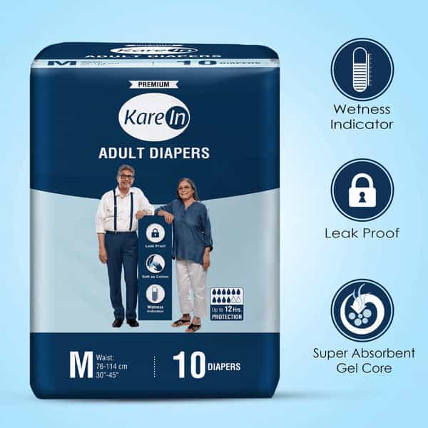 Kare In Premium Adult Diapers Medium Waist 76-114 Cm (30"-45") Tape Style Wetness Indicator 10 Count