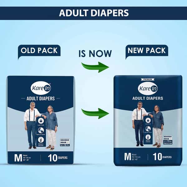 Kare In Premium Adult Diapers Medium Waist 76-114 Cm (30"-45") Tape Style Wetness Indicator 10 Count