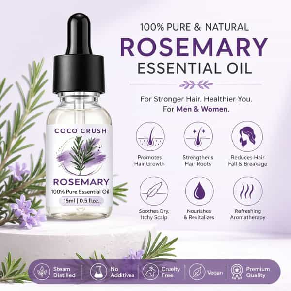 Coco Crush Rosemary Essential Oil 15Ml | 100% Pure & Undiluted For Hair Growth & Scalp Stimulation