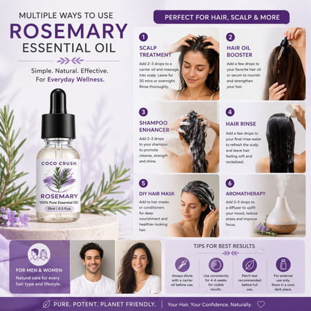 Coco Crush Rosemary Essential Oil 15Ml | 100% Pure & Undiluted For Hair Growth & Scalp Stimulation