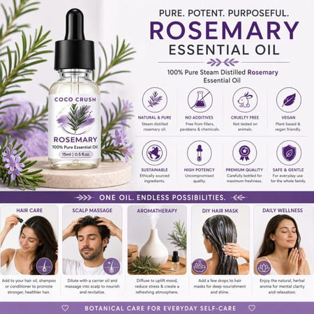 Coco Crush Rosemary Essential Oil 15Ml | 100% Pure & Undiluted For Hair Growth & Scalp Stimulation