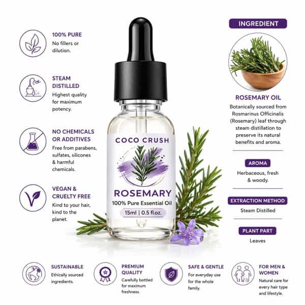 Coco Crush Rosemary Essential Oil 15Ml | 100% Pure & Undiluted For Hair Growth & Scalp Stimulation