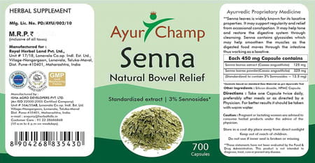 Ayur Champ - Pack Of 2 -Senna Capsules 450mg - 700 Capsules Value Pack