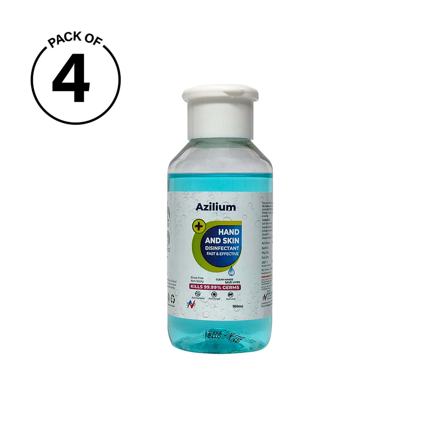 Azilium Hand And Skin Disinfectant Flip-Top Sanitizer - 100 Ml - Pack Of 4