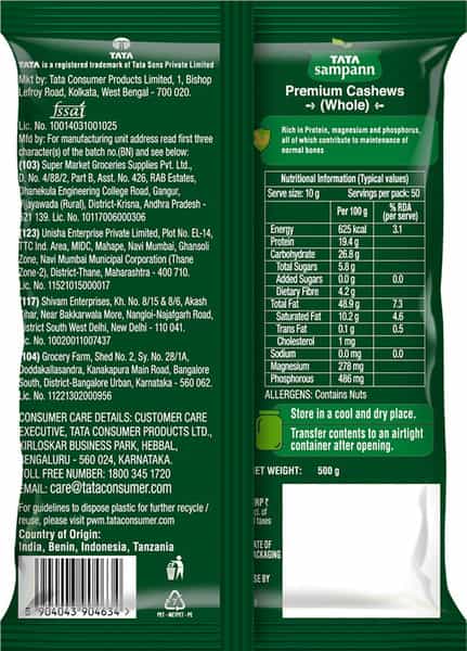 Tata Sampann 100% Pure Premium Cashews Whole 500G