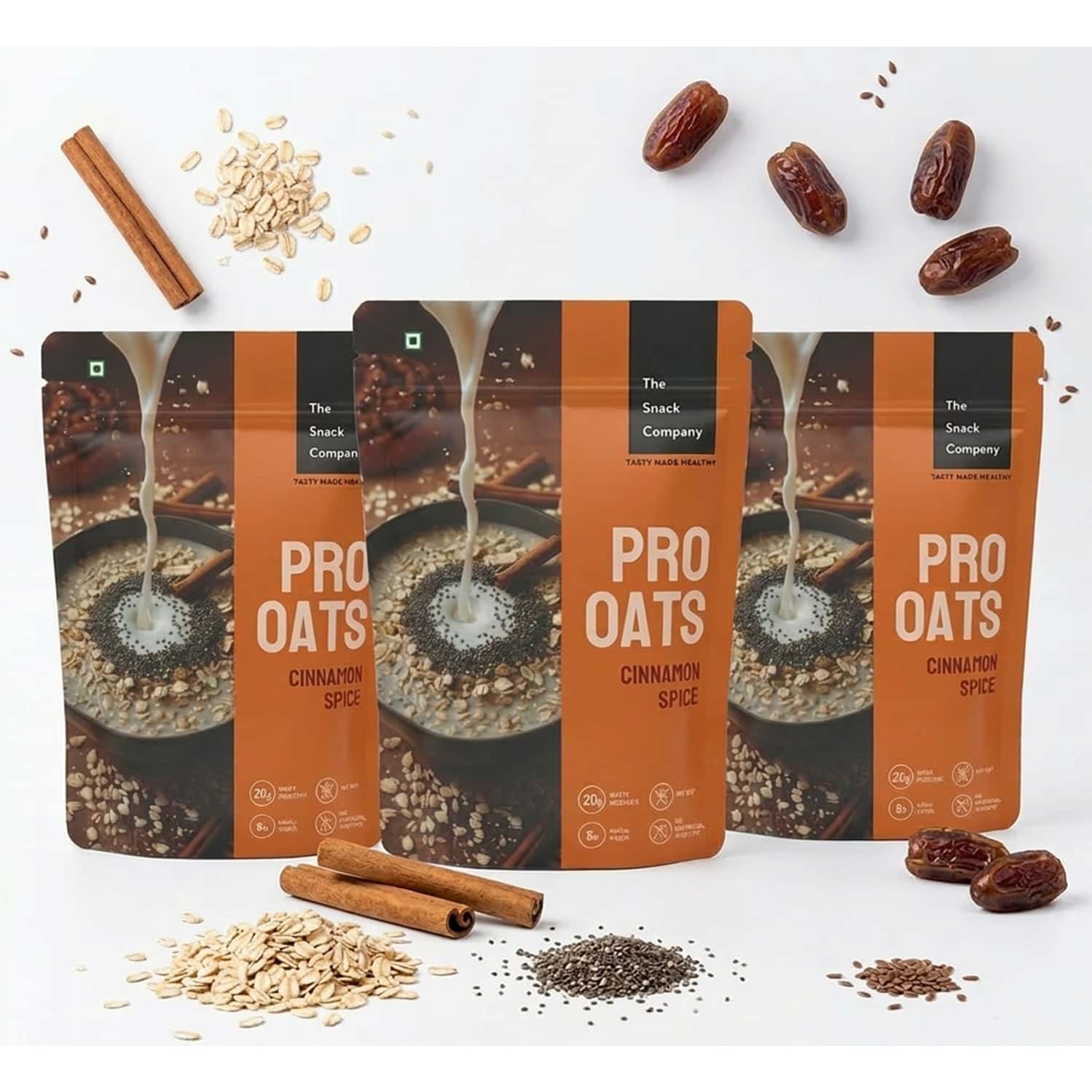 The Snack Company Protein Oats Pack Of 3- Cinnamon Spice | 20g Protein | 6.49g Fibre | No Soy