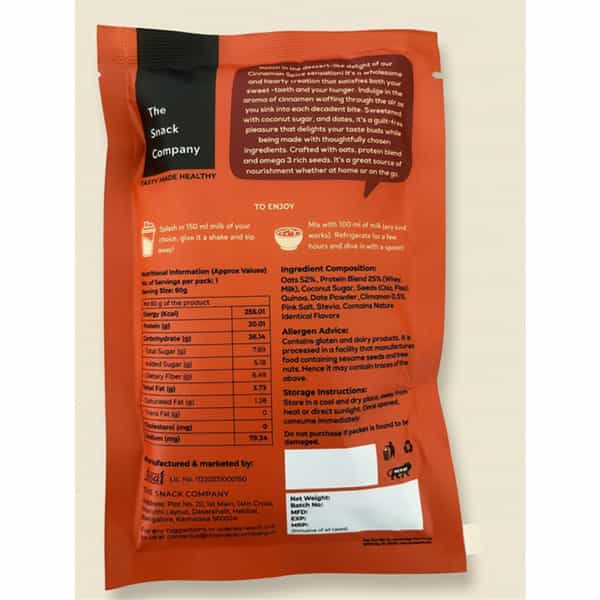The Snack Company Protein Oats Pack Of 3- Cinnamon Spice | 20G Protein | 6.49G Fibre | No Soy