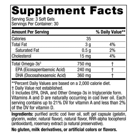 Nordic Naturals Arctic Cod Liver Oil 750 Mg Omega 3 Fish Oil Epa & Dha Lemon Flavor 90 Softgels