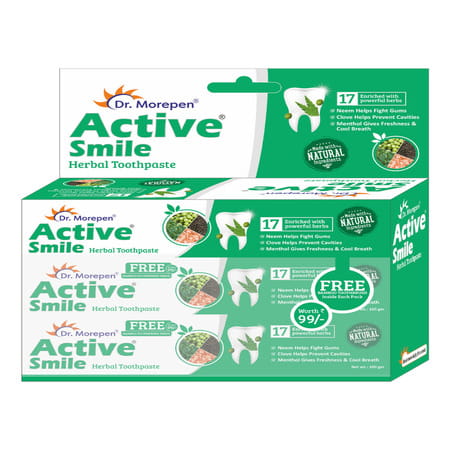 Dr. Morepen Active Smile | Tube | Herbal Toothpaste | 100 Gm | Free Bamboo Toothbrush | Pack Of 6