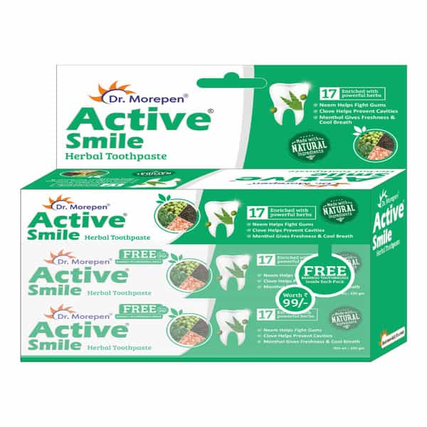 Dr. Morepen Active Smile | Tube | Herbal Toothpaste | 100 Gm | Free Bamboo Toothbrush | Pack Of 6