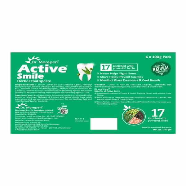 Dr. Morepen Active Smile | Tube | Herbal Toothpaste | 100 Gm | Free Bamboo Toothbrush | Pack Of 6