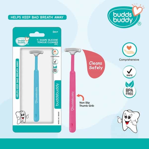 Buddsbuddy Bpa Free T-Shape Kids Tongue Cleaner With Non Slip Thumb Grip Blue