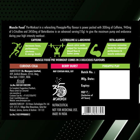 Dr. Morepen Muscle Food Pre Workout For Strength & Energy Pineapple - 250g