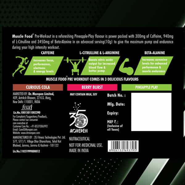 Dr. Morepen Muscle Food Pre Workout For Strength & Energy Pineapple - 250G