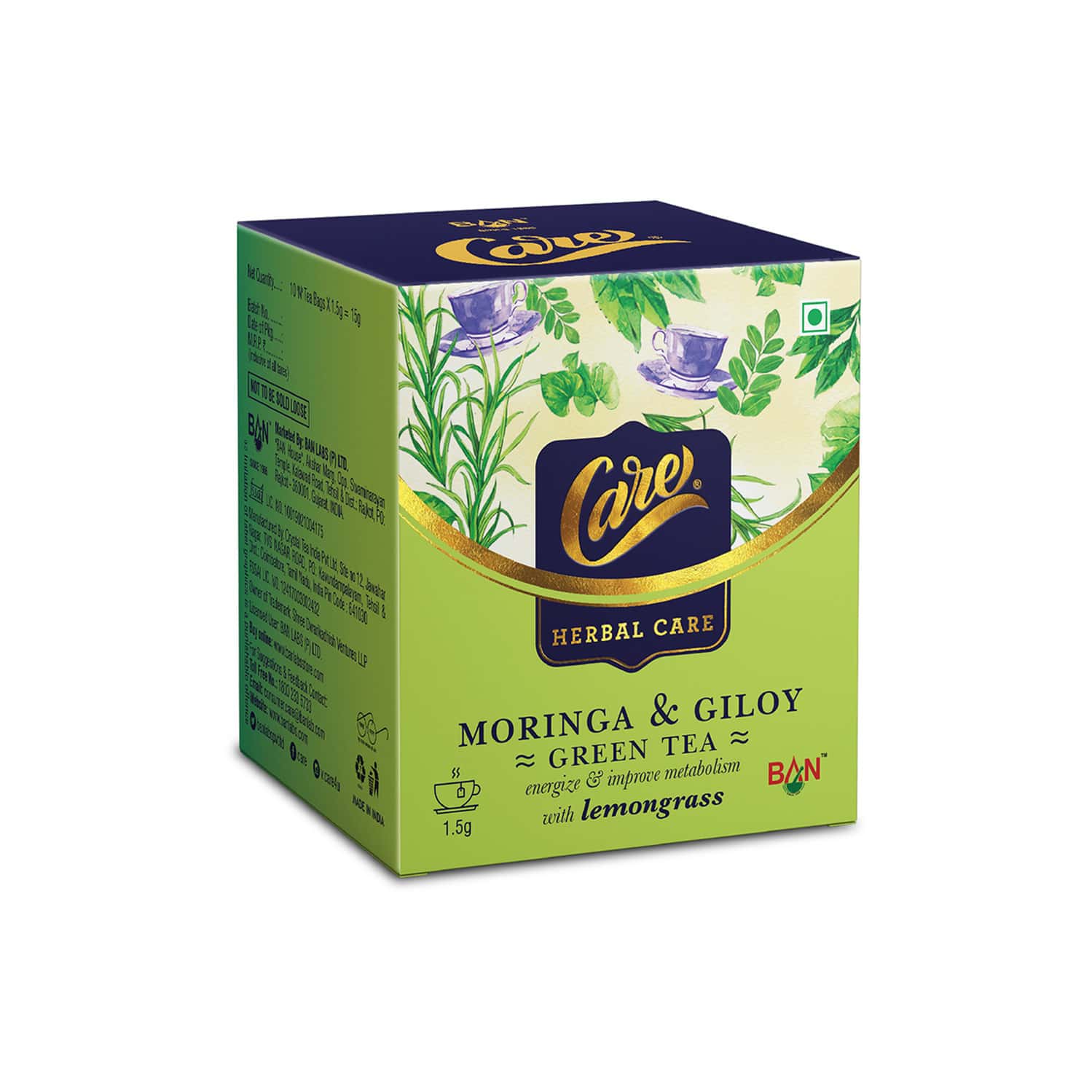 Care Moringa & Giloy Green Tea With Lemongrass | Pack Of 20 Tea Bags