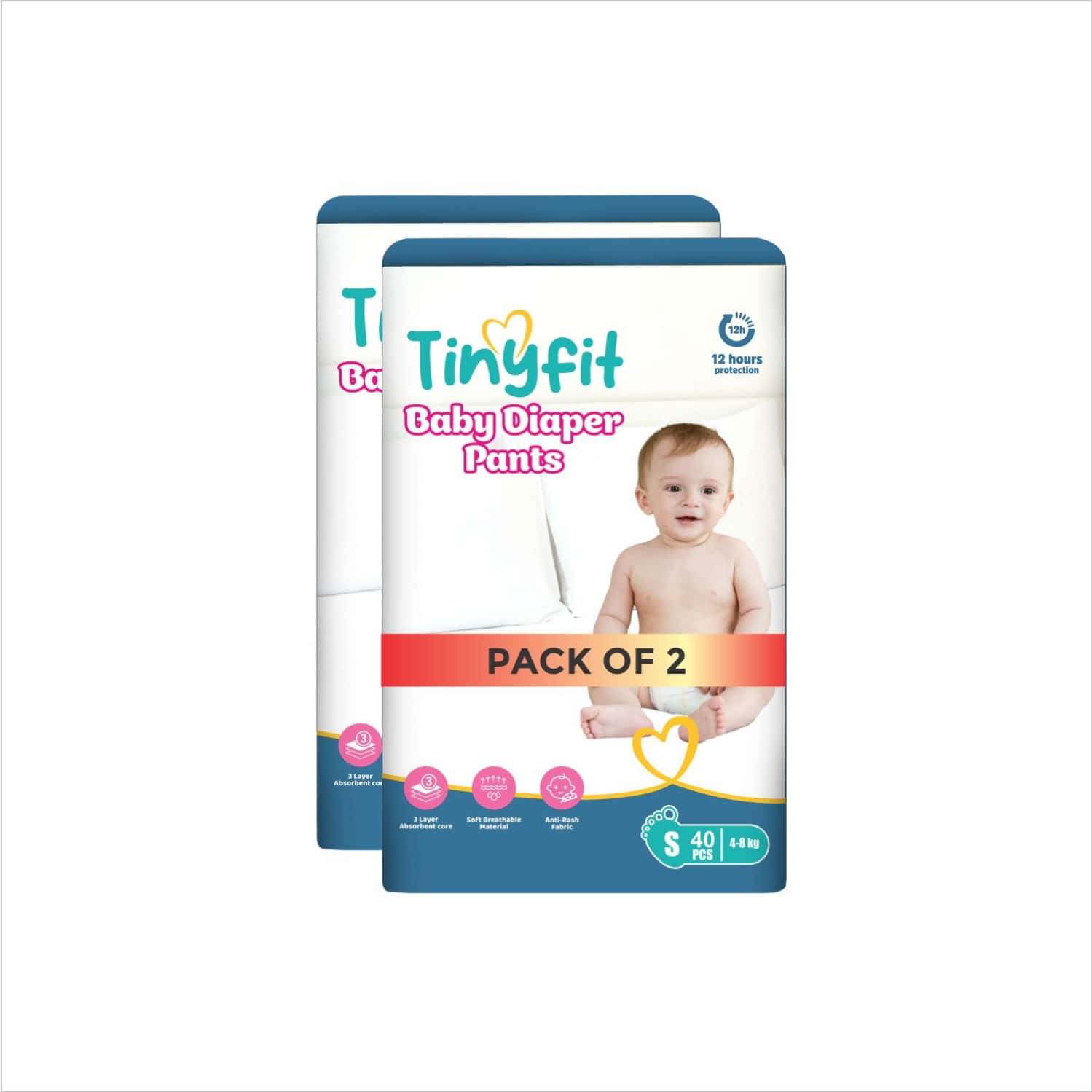 Tinyfit Baby Diaper Pants Small| Bubble Soft Bed| Multi-Layer Absorption Upto 12 Hrs - S (80 Pieces)