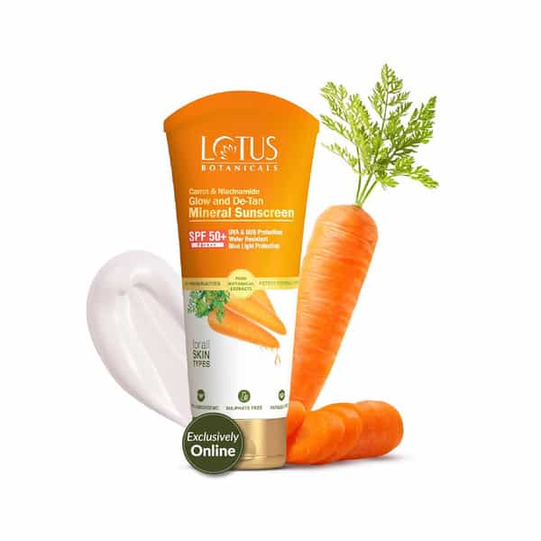 Lotus Botanicals Carrot & Niacinamide Glow And De-Tan Mineral Sunscreen | Spf 50+ 50G