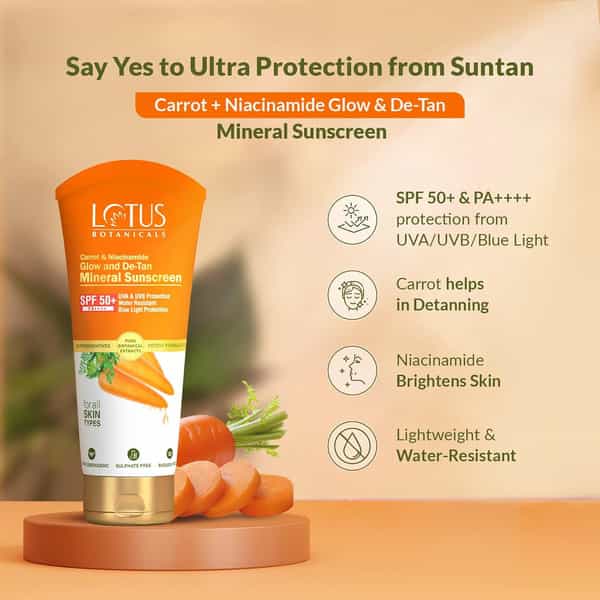 Lotus Botanicals Carrot & Niacinamide Glow And De-Tan Mineral Sunscreen | Spf 50+ 50G