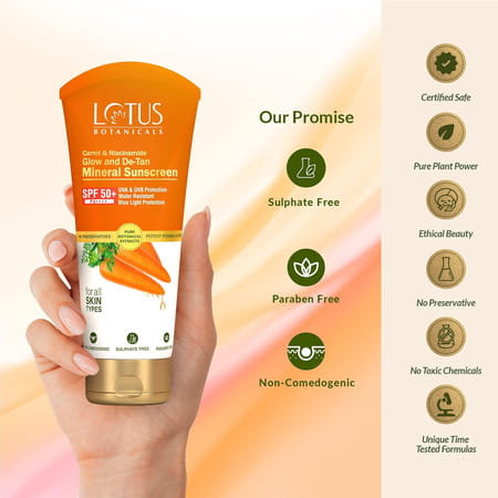 Lotus Botanicals Carrot & Niacinamide Glow And De-Tan Mineral Sunscreen | Spf 50+ 50g