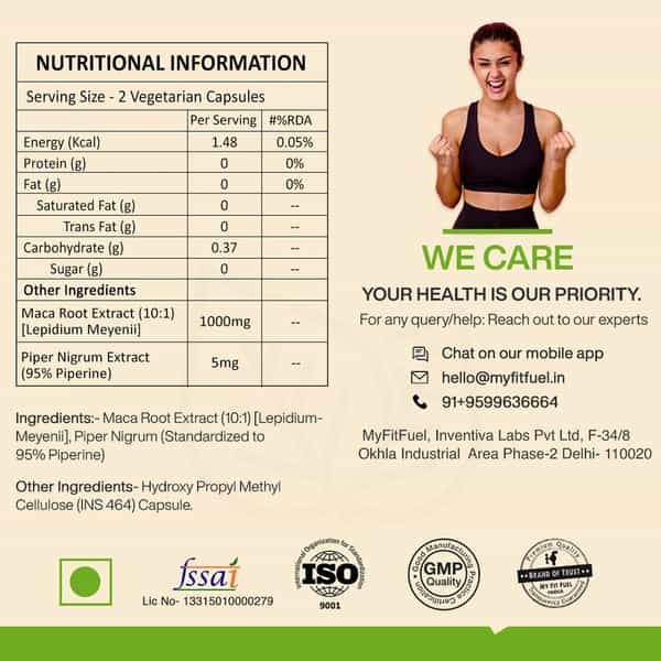 Myfitfuel Maca Root Extract (10:1)+ Piperine (95%) | 1000Mg (90 Capsules) For Men & Women